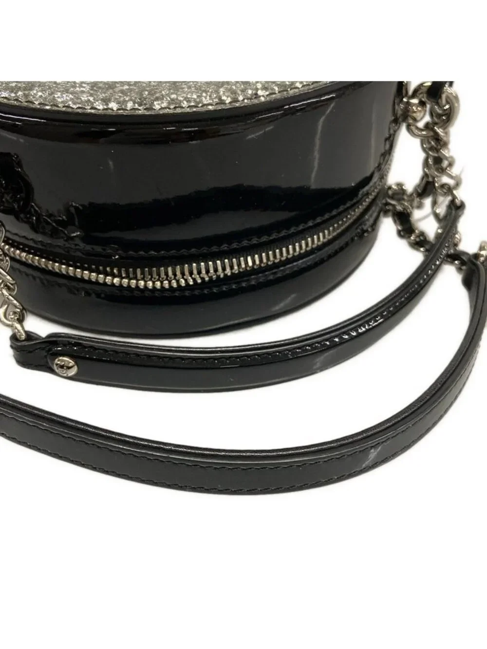 Chanel Shoulder Bag Silver Black 2-Way Chain Round Leather